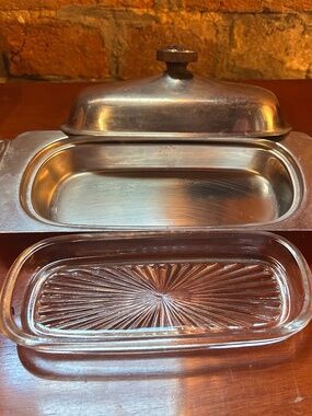 Old metal & glass butter serving dish set
